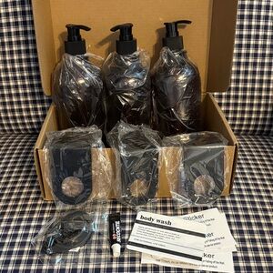 Shower Pump Bottles set; metal hangers, rugged plastic bottles.